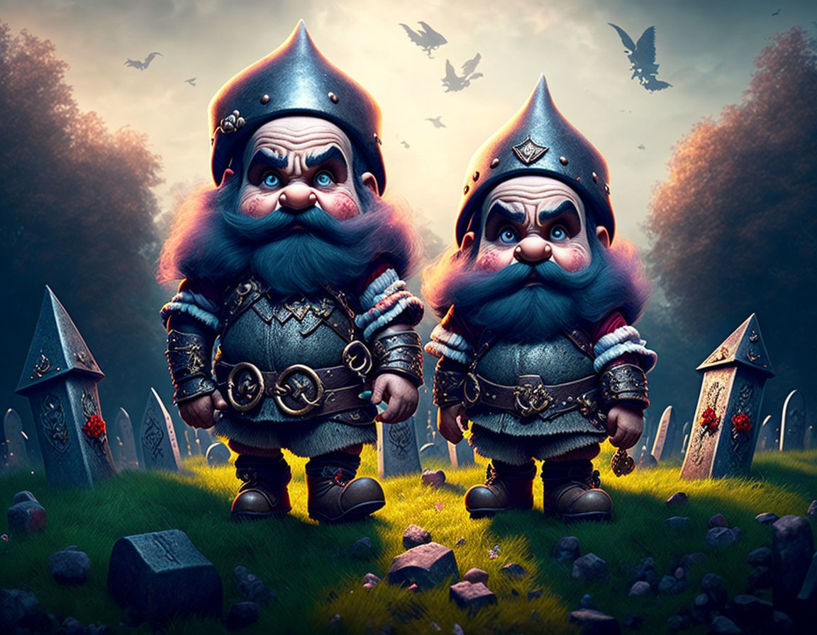Fantasy dwarves in armor in mysterious graveyard with swords and birds