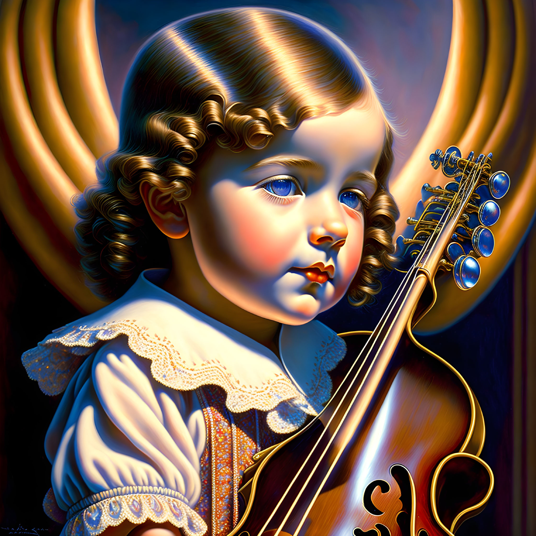 Curly-Haired Child Holding Violin and Bow on Golden Background