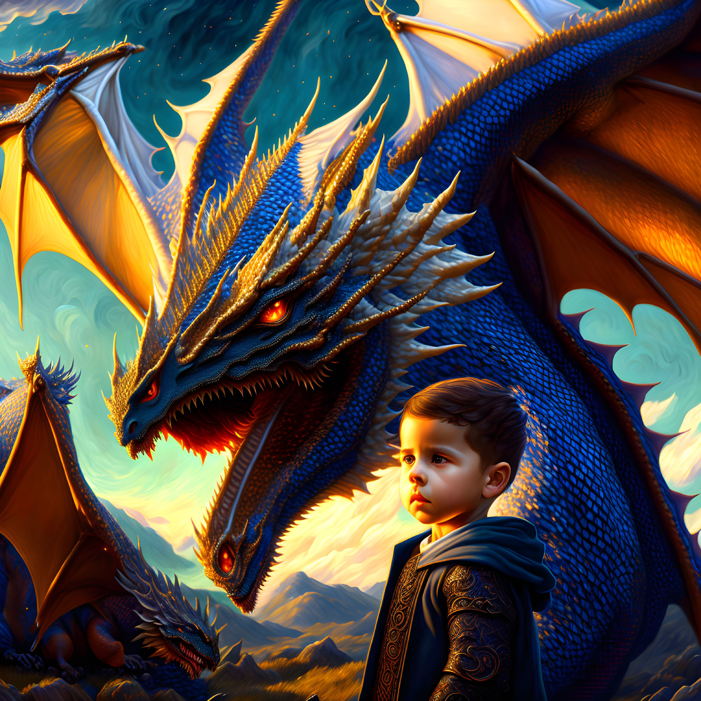 Young boy surrounded by majestic dragons at sunset