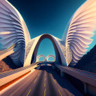 Fantastical bridge with illuminated wings in night sky surrounded by mountains and streetlamps.