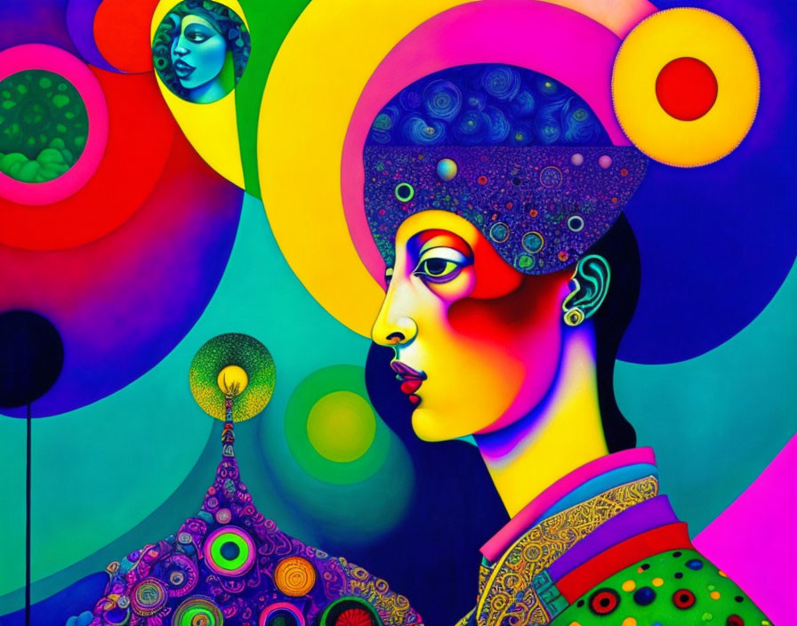 Colorful Abstract Artwork with Stylized Profile and Intricate Patterns