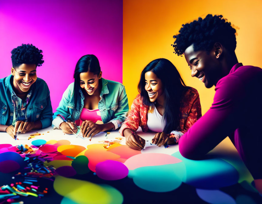 Four people crafting with colorful paper on vibrant background