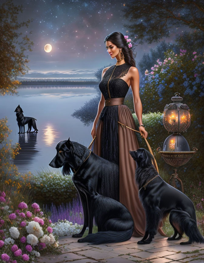 woman with two beautiful black dogs
