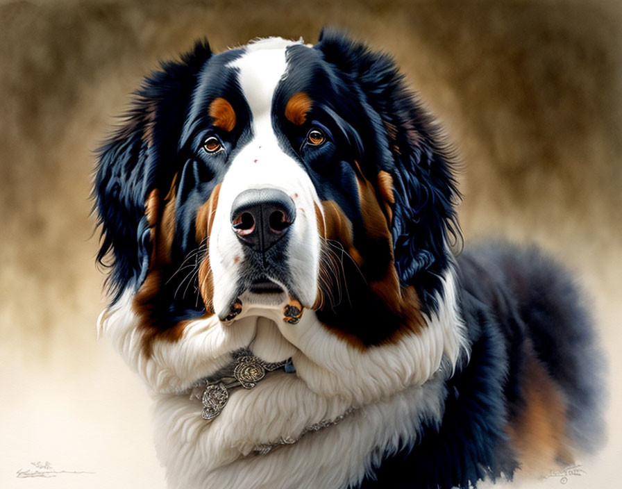Realistic portrait of a Bernese Mountain Dog with shiny coat and gentle gaze