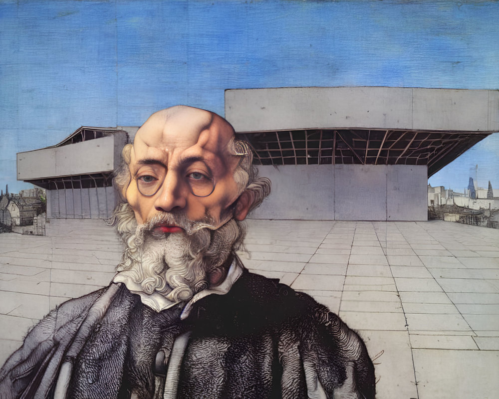 Elderly man portrait collaged with modern building on blue sky