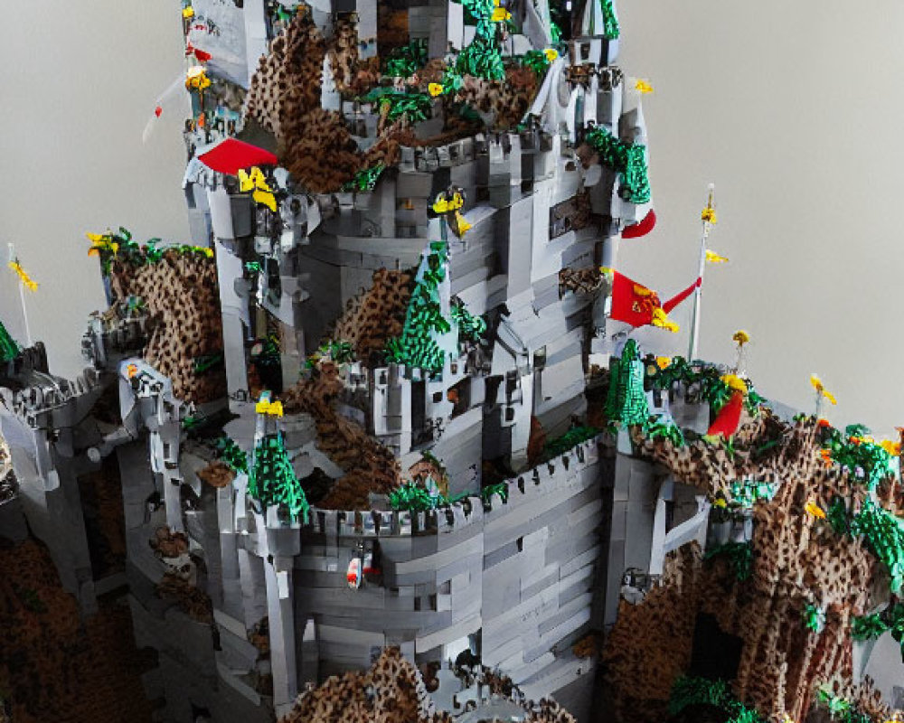 Detailed LEGO Castle Set with Towers, Flags, and Rocky Landscape