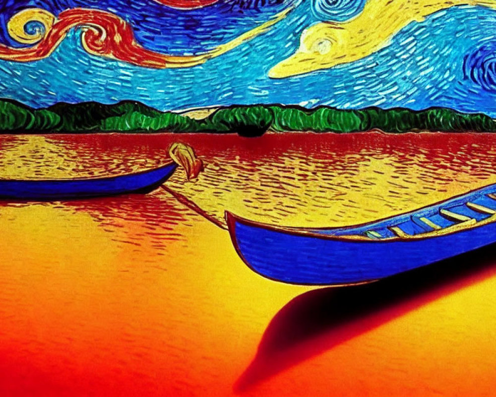 Vibrant orange beach painting with blue boats and swirling sky