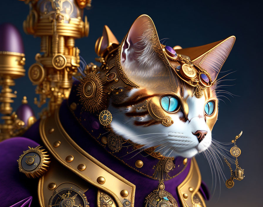 Steampunk-Inspired Cat Artwork with Golden Mechanical Elements
