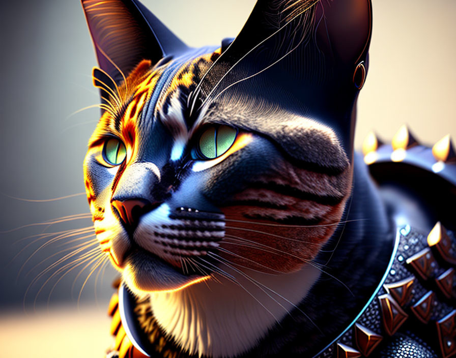 Orange and Black Striped Cat in Studded Leather Armor