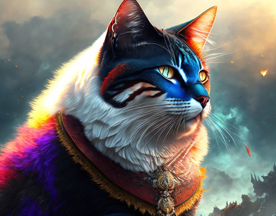 Colorful Cat Art with Blue Eyes in Dramatic Sky
