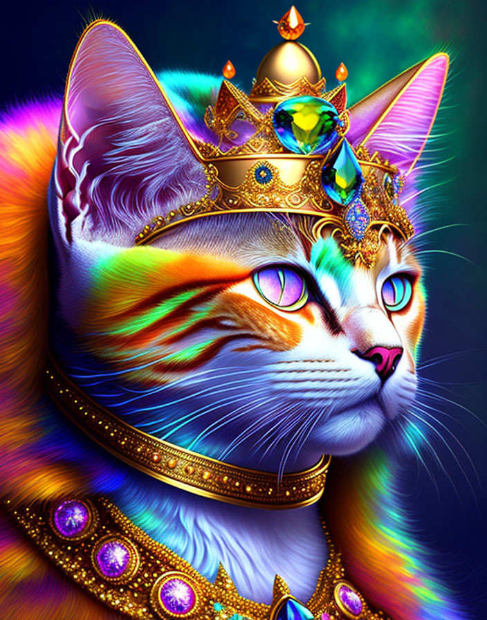 Regal cat digital art with vibrant colors & golden accessories