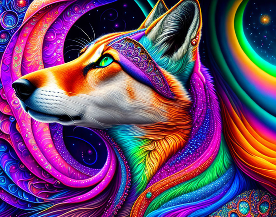 Colorful Fox Illustration with Psychedelic Patterns in Purple, Blue, and Orange