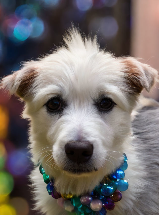 Fluffy white dog with bead necklaces and dark eyes in close-up shot