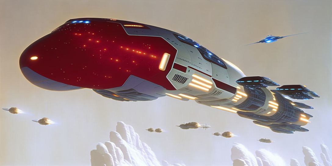 Red-hulled futuristic spaceship in cloudy sky with smaller craft - otherworldly convoy scene.