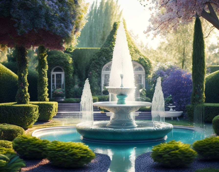 enchanted garden, with a water fountain