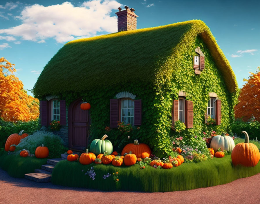 cottage, garden with pumpkins
