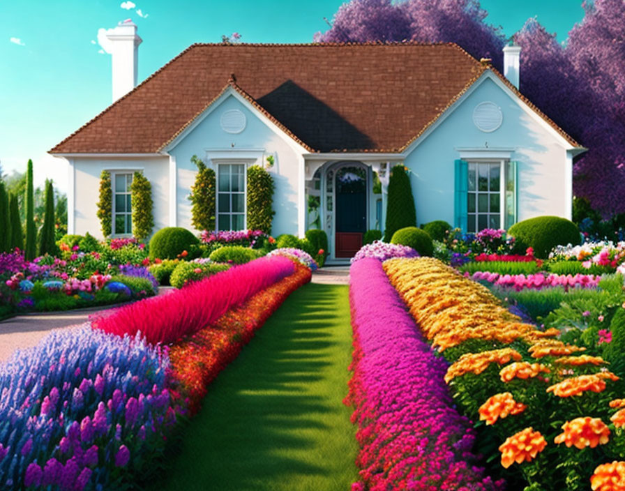 flower garden with beautiful house