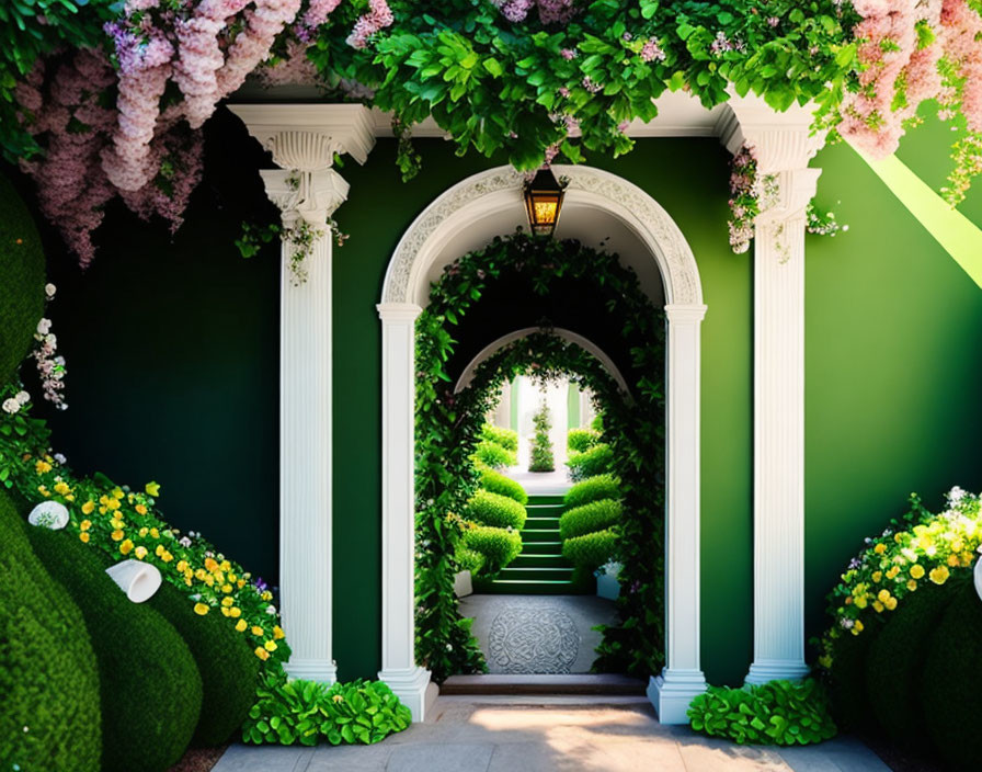 floral green arch above a stairway