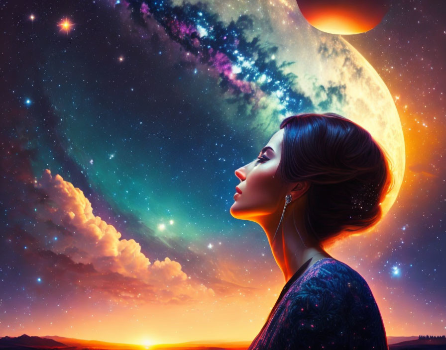 woman looking at the starry sky