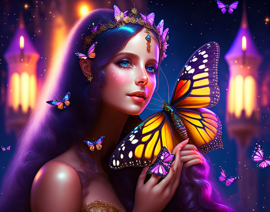 a fairy is seen   cradled by butterflies