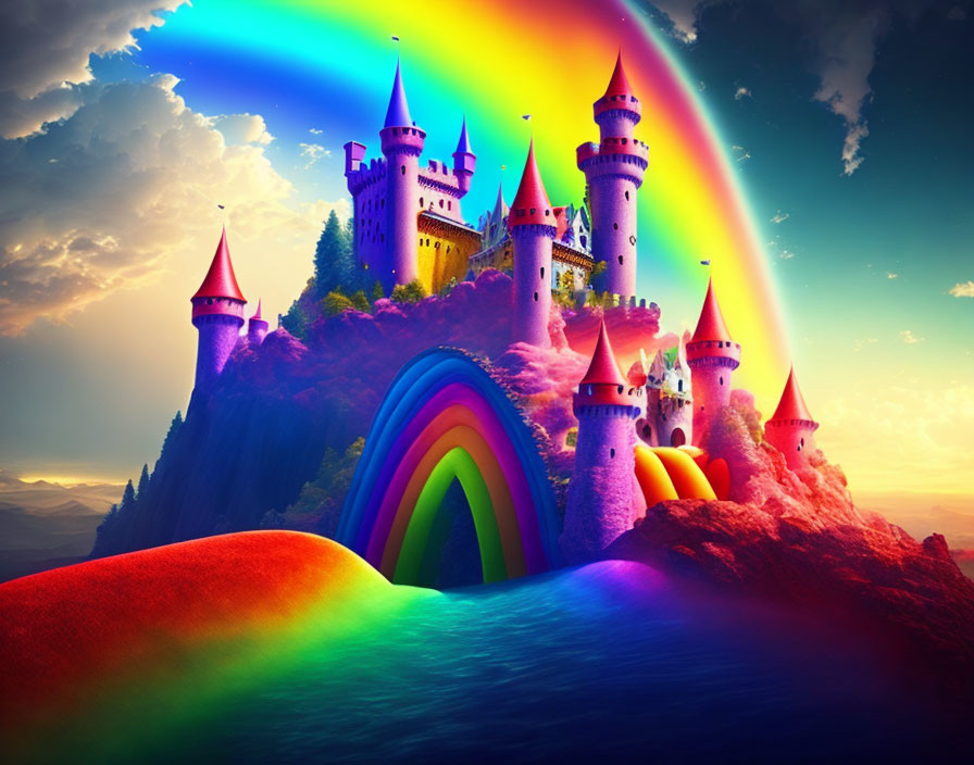 castle crossed by a rainbow,