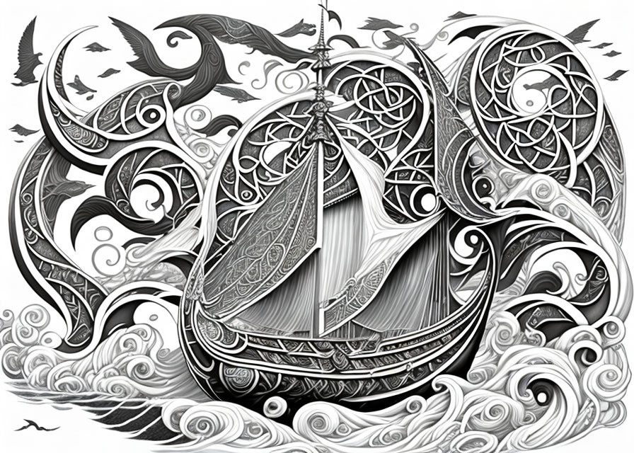 Detailed Viking ship illustration with ornate sails and sea motifs