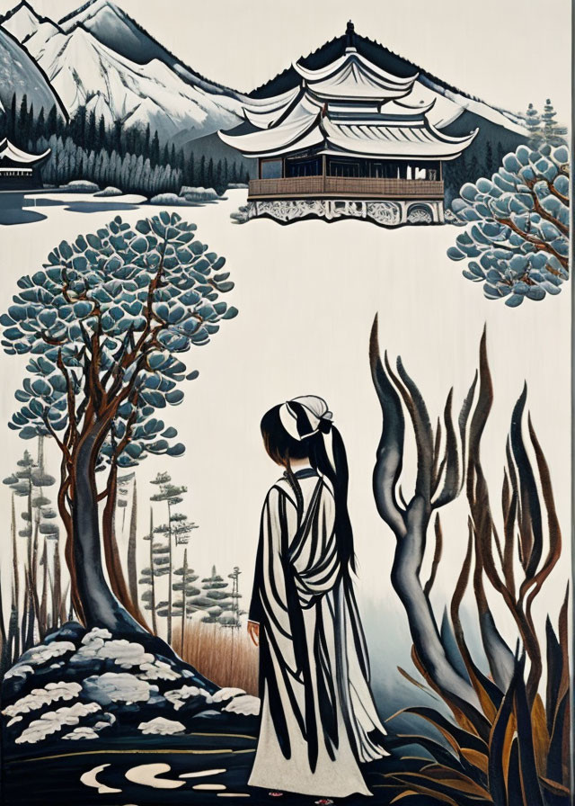 Traditional Attire Figure in Front of Stylized Landscape
