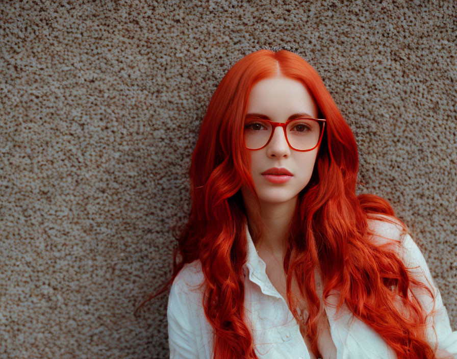 Vivid Red-Haired Woman in Red Glasses Against Textured Wall