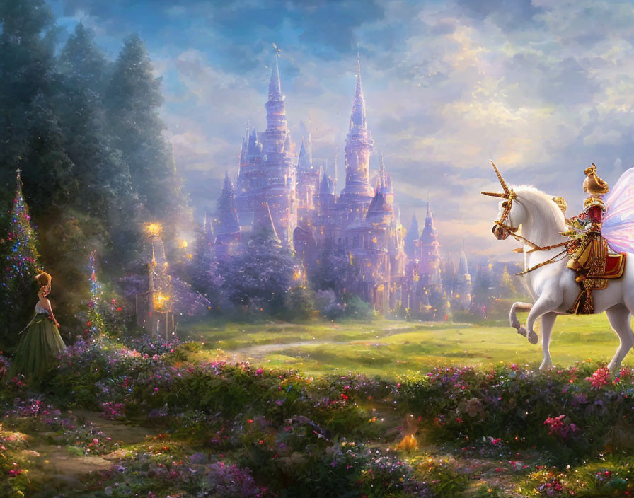 Knight on white unicorn, fairy, blooming meadow, enchanted castle under luminous sky