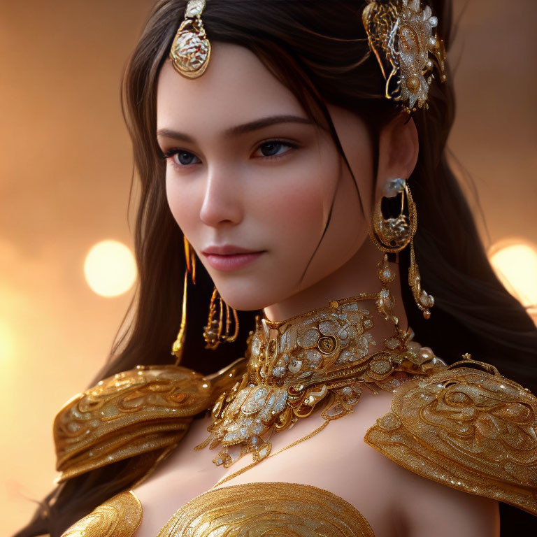 Detailed Golden Jewelry Adorns Woman in Portrait