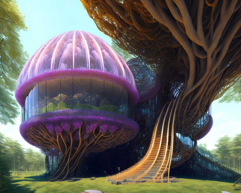 Transparent dome futuristic treehouse with purple accents and wooden supports in lush forest.