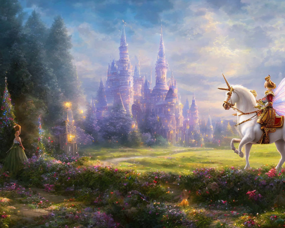 Knight on white unicorn, fairy, blooming meadow, enchanted castle under luminous sky
