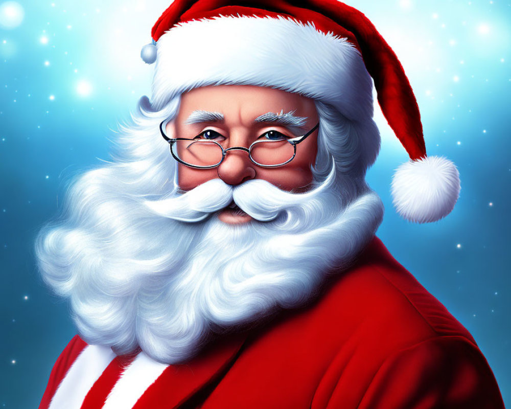 Jolly Santa Claus with glasses, red hat, and white beard on snowy blue backdrop