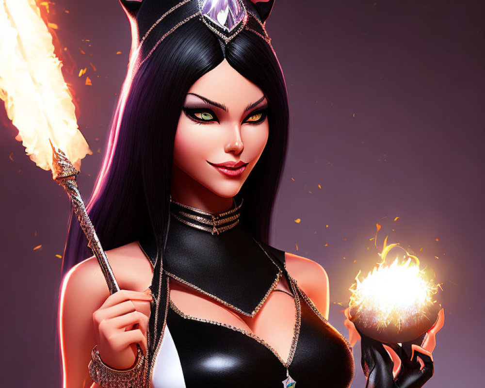 Feline-themed female character with torch and orb in black and silver outfit