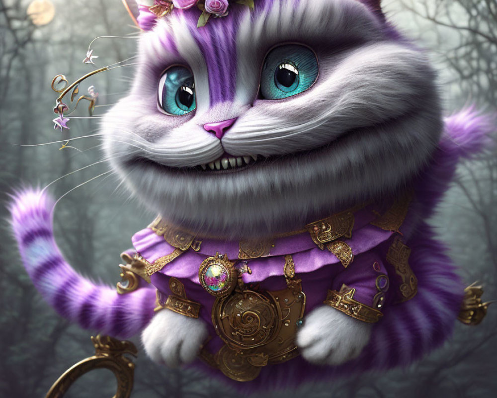 Detailed whimsical illustration of grinning Cheshire Cat with blue eyes and purple collar.