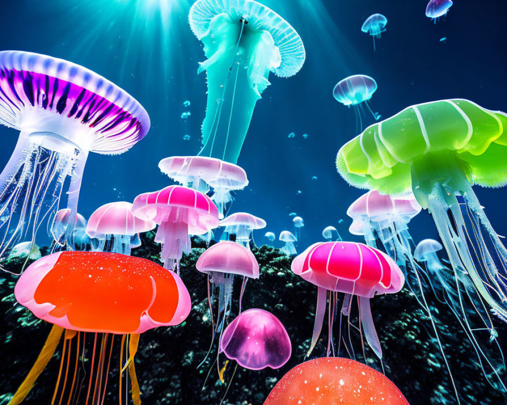 Vibrant jellyfish in deep blue underwater scene