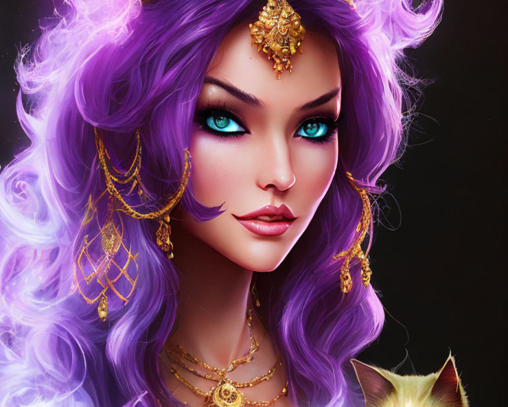 Digital Art: Woman with Purple Hair, Blue Eyes, Golden Crown, Jewelry, and Cat