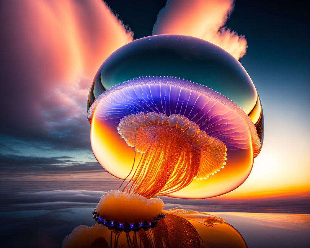 Vibrant digital jellyfish art against dramatic sky with glowing edges