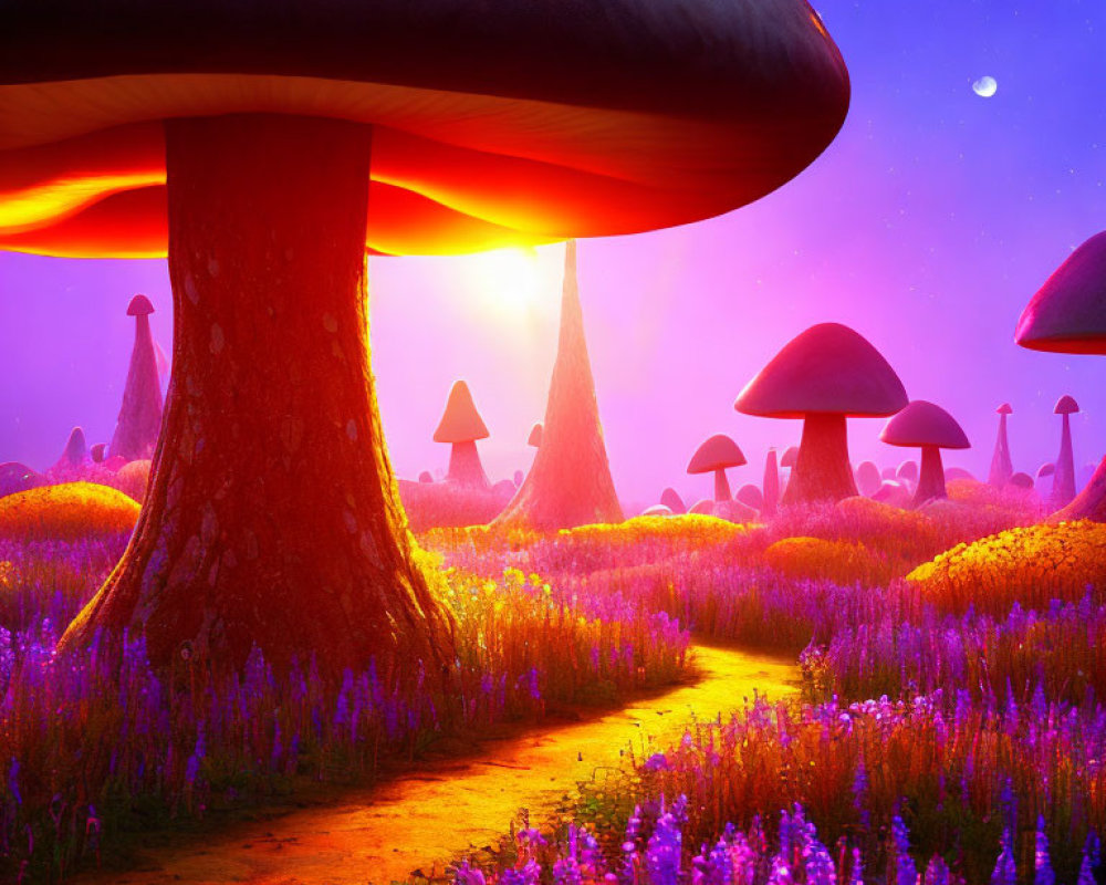 Fantasy landscape with oversized mushrooms and glowing flora at twilight