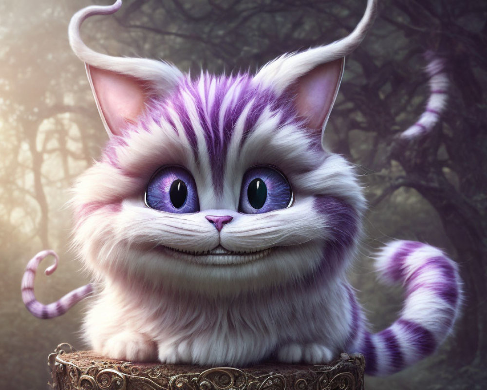 Fluffy Purple and White Striped Cat with Bright Eyes in Enchanted Forest