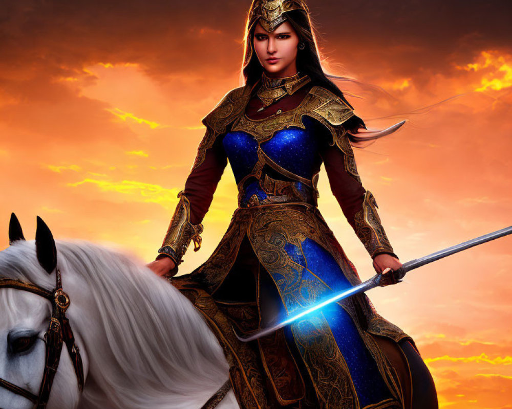 Warrior woman in ornate armor on white horse with glowing sword against fiery sky