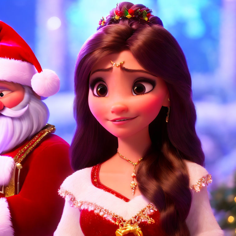Festive animated girl in red dress with holly berry headpiece beside Santa Claus