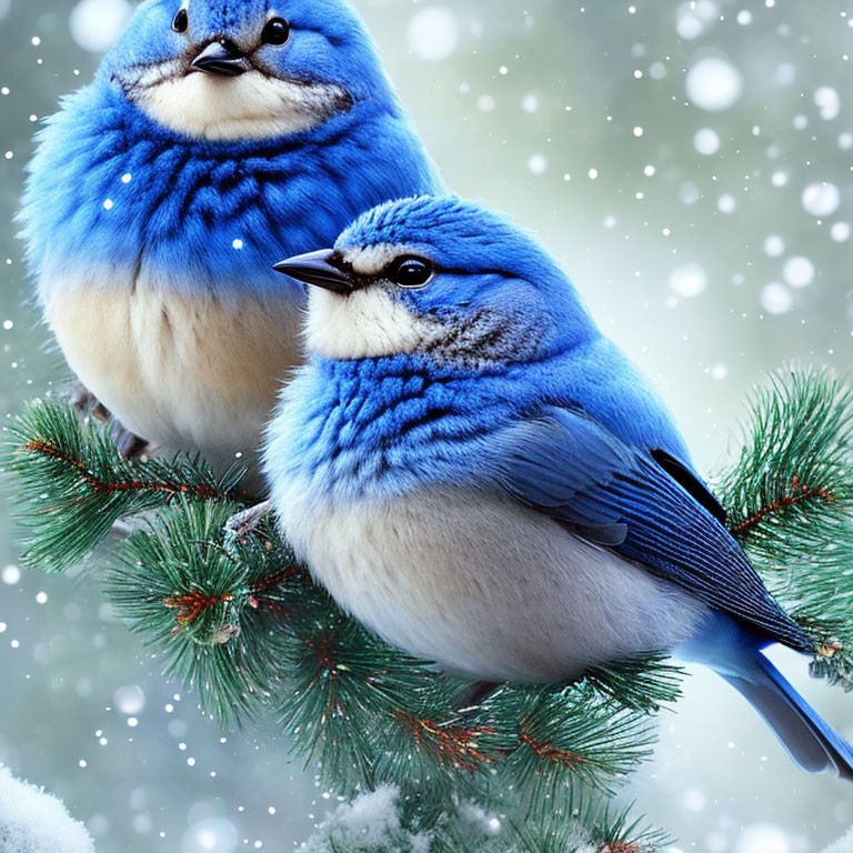 Vibrant blue birds on pine branch with falling snowflakes