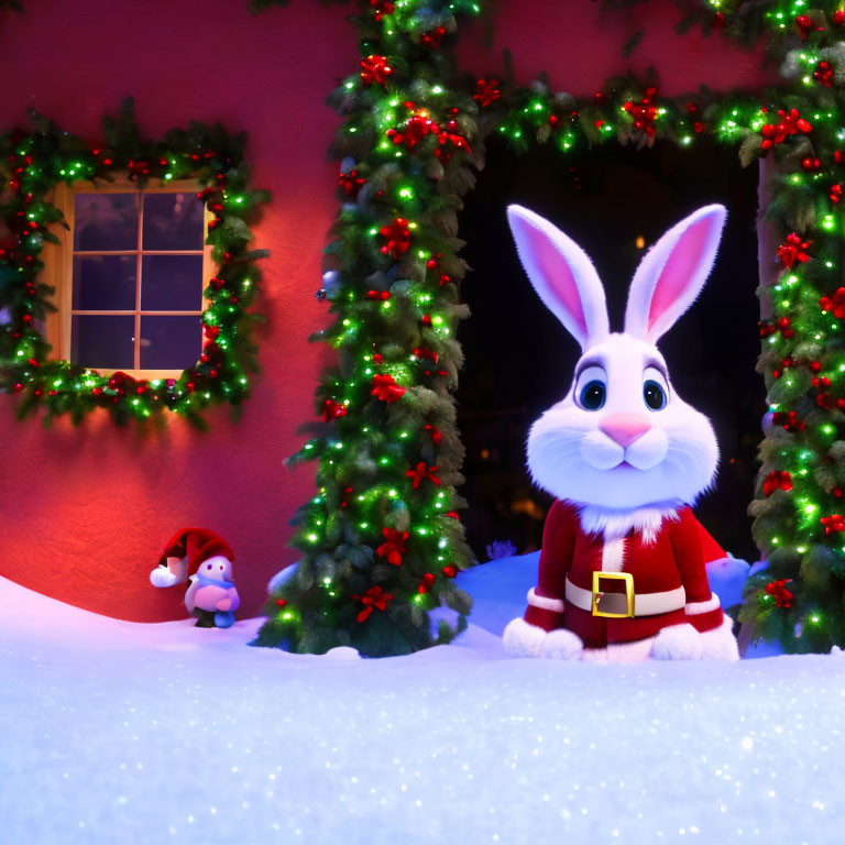 Cartoon rabbit in Santa costume at snowy festive house with penguin