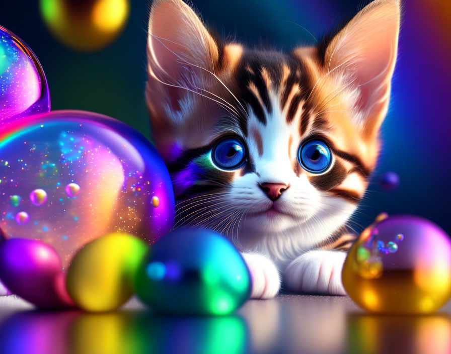 Colorful Wide-Eyed Kitten Surrounded by Bubbles in Blue Light