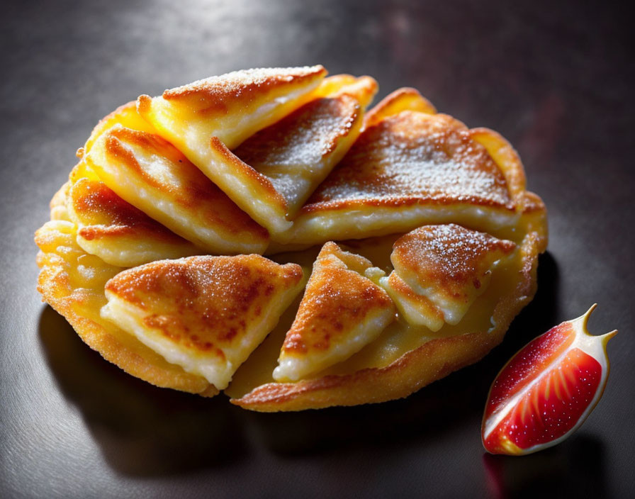 Golden-brown pancake with syrup and strawberry slice on dark surface