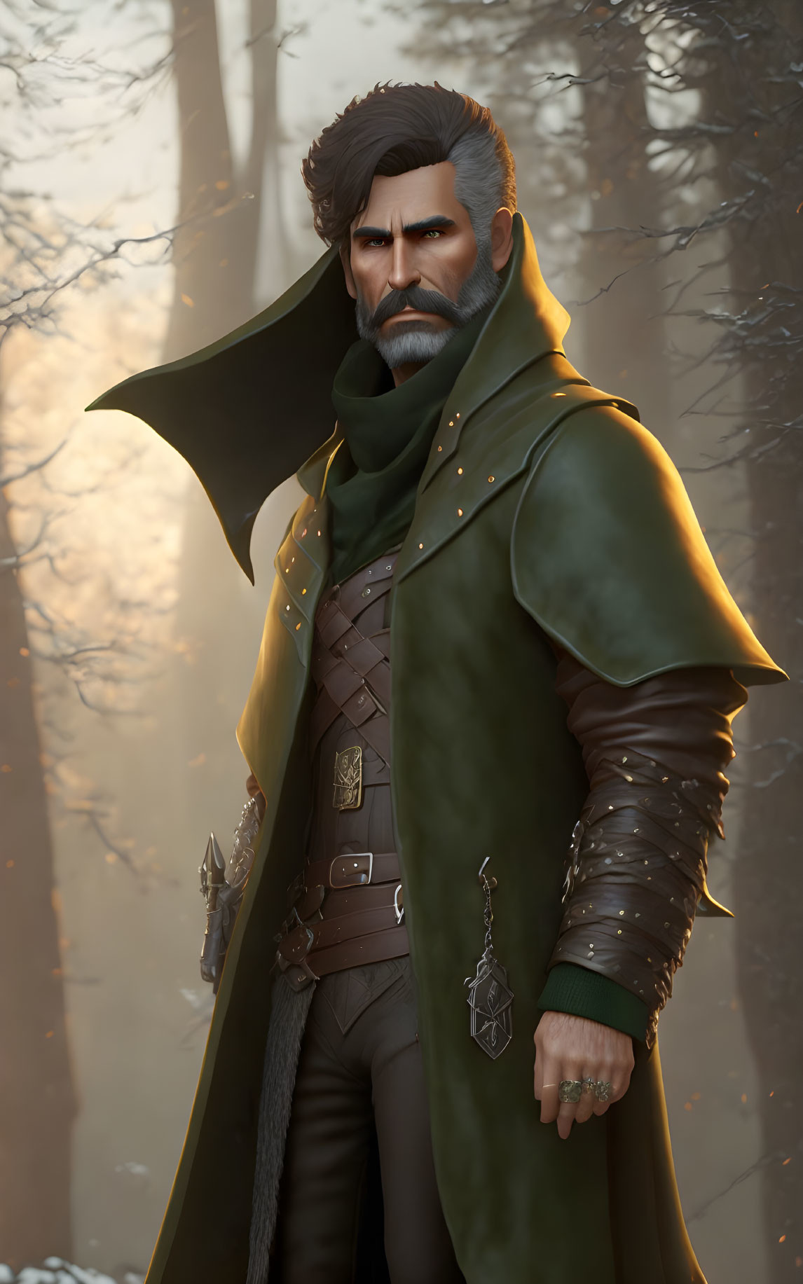 Bearded man in fantasy costume with green cloak in misty forest