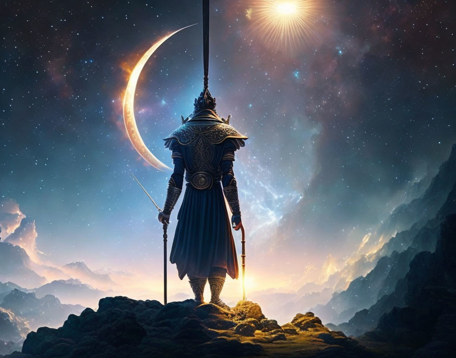 Knight in Armor on Rocky Peak Under Crescent Moon and Star