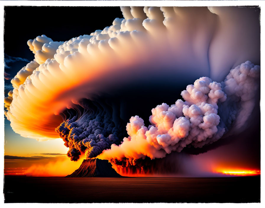 Ominous volcanic eruption against dramatic sunset sky