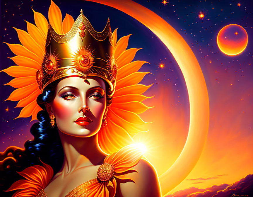 Regal woman with golden crown in cosmic setting